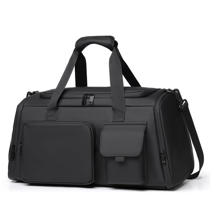 Stylish men's travel and gym duffel bag with organized compartments. Durable, water-repellent, ideal for active use.