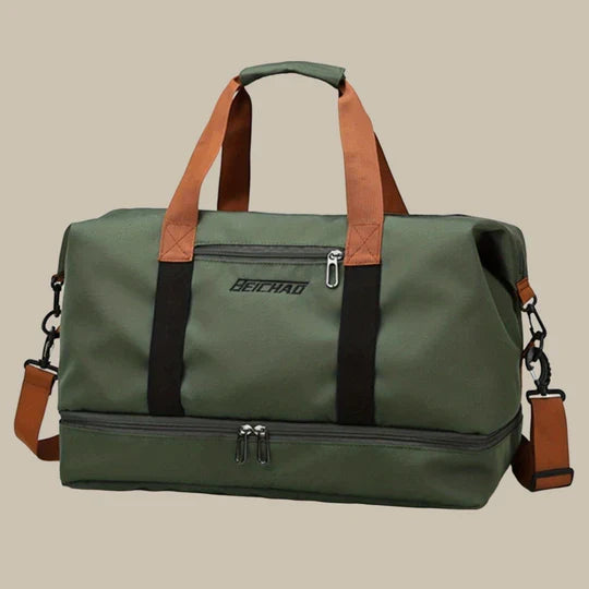 Front view of a sleek men's water-resistant Oxford fabric duffel bag, perfect for travel and gym.