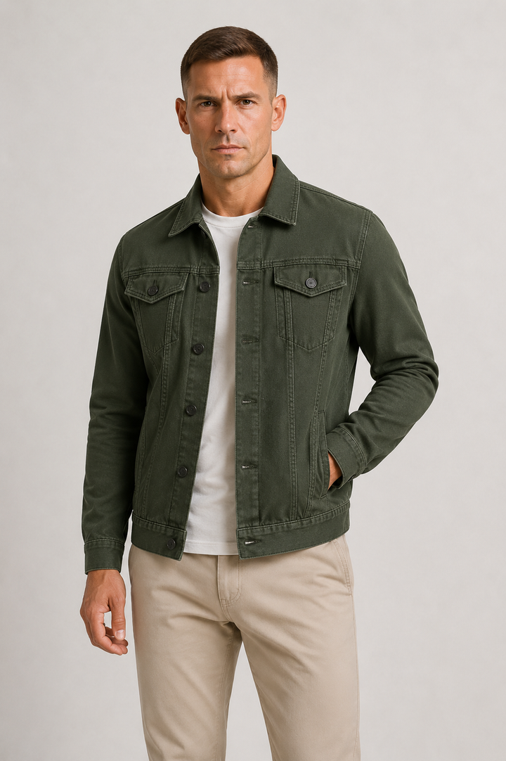 Transitional men's denim jacket, ideal for layering. Stylish & versatile for everyday casual and smart-casual looks.