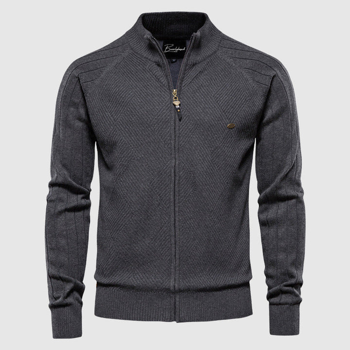 Man wearing a versatile full-zip cardigan, perfect for casual or smart casual everyday layering. Comfortable long sleeve sweater.