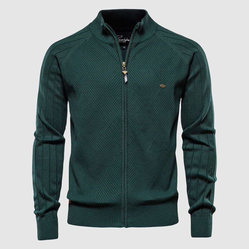 Modern men's full-zip cardigan. A versatile long sleeve sweater for casual wear, smart casual layering, and everyday comfort.