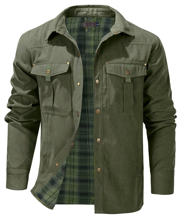 Close-up of men's insulated flannel-lined jacket, showing texture & quality.