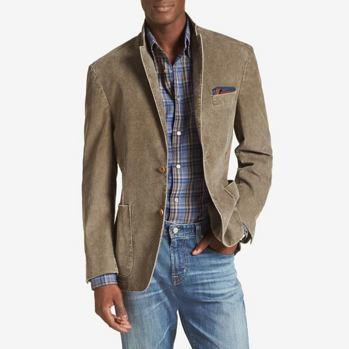 Elegant men's khaki blazer, a versatile outerwear jacket for casual, smart casual, or formal men's fashion.