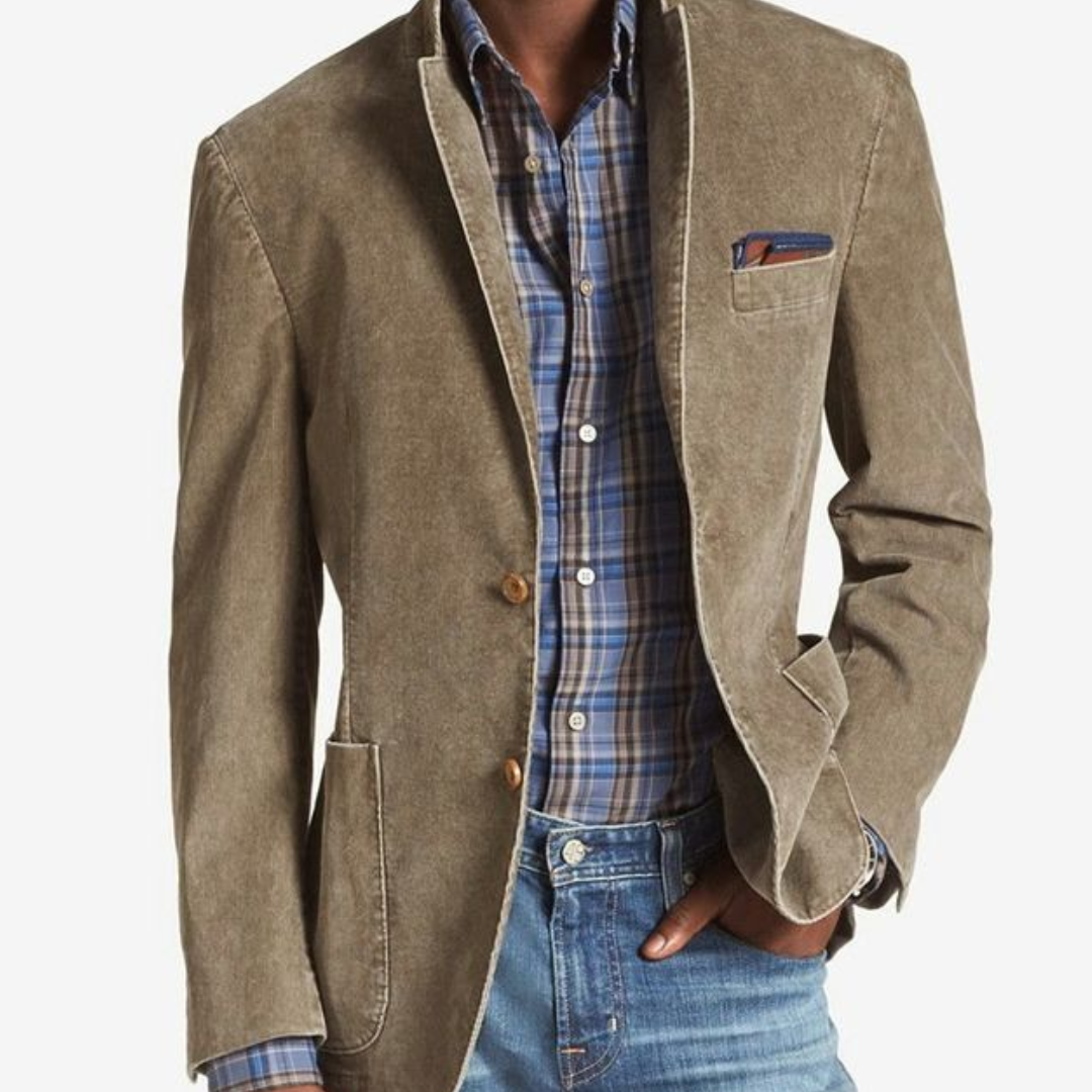 Sophisticated men's khaki blazer jacket, an all-season piece for versatile men's fashion, suitable for any occasion.