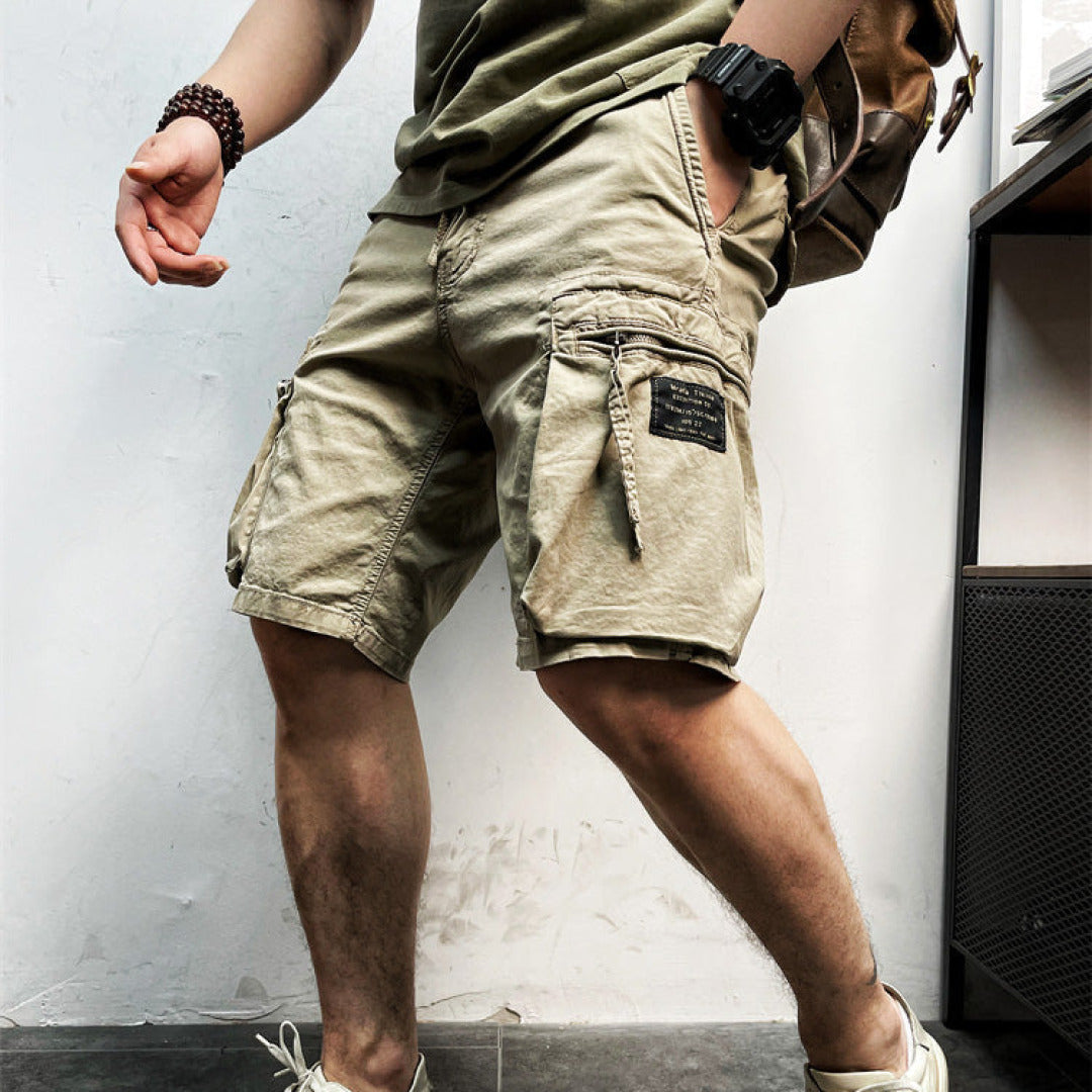 Men's versatile khaki cargo shorts for casual wear, outdoor adventures & summer style. Durable multi-pocket design.
