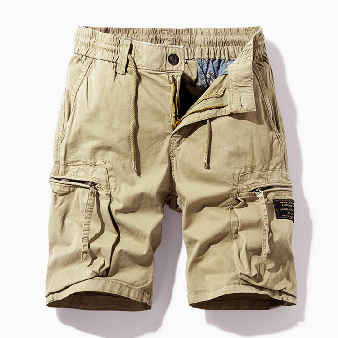 Black men's cargo shorts with multiple utility pockets, ideal for outdoor activities & everyday comfort. Stylish & durable.