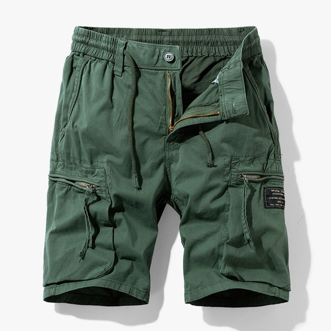 Army green men's cargo shorts for hiking & casual summer adventures. Comfortable, durable & stylish multi-pocket design.