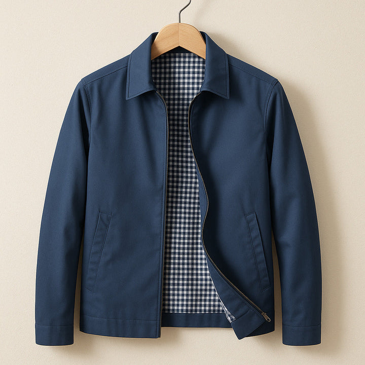 Smart casual men's zip-up jacket with stylish checked lining, ideal transitional outerwear for fall and spring.