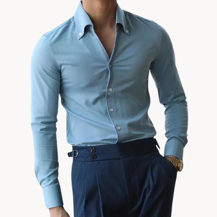 Men's versatile long sleeve button-front shirt in classic style. Perfect for smart casual or everyday wear.