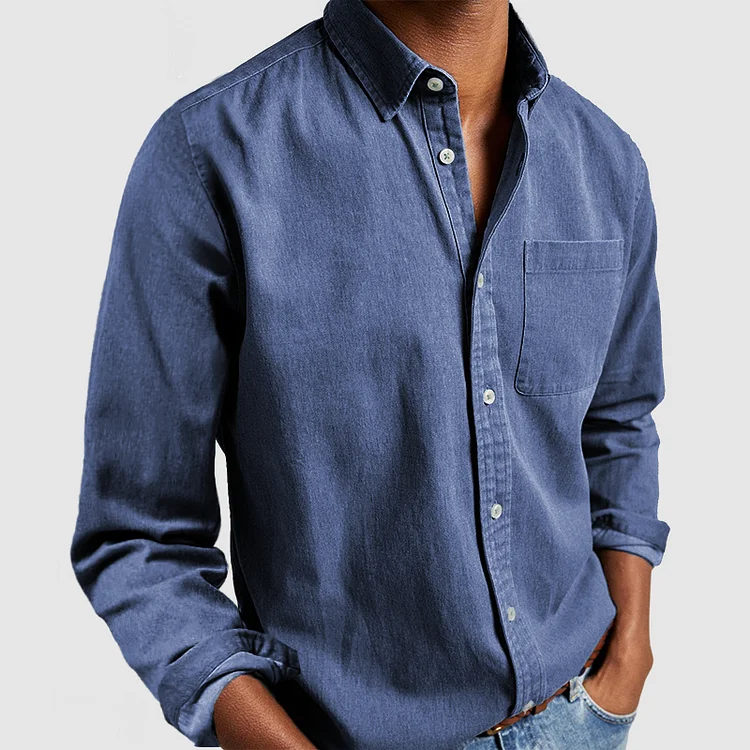 Versatile men's casual long sleeve button-up shirt with chest pocket, ideal for all-season style.