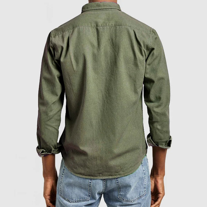 All-season men's versatile long sleeve button-up shirt with chest pocket, essential for casual men's fashion.