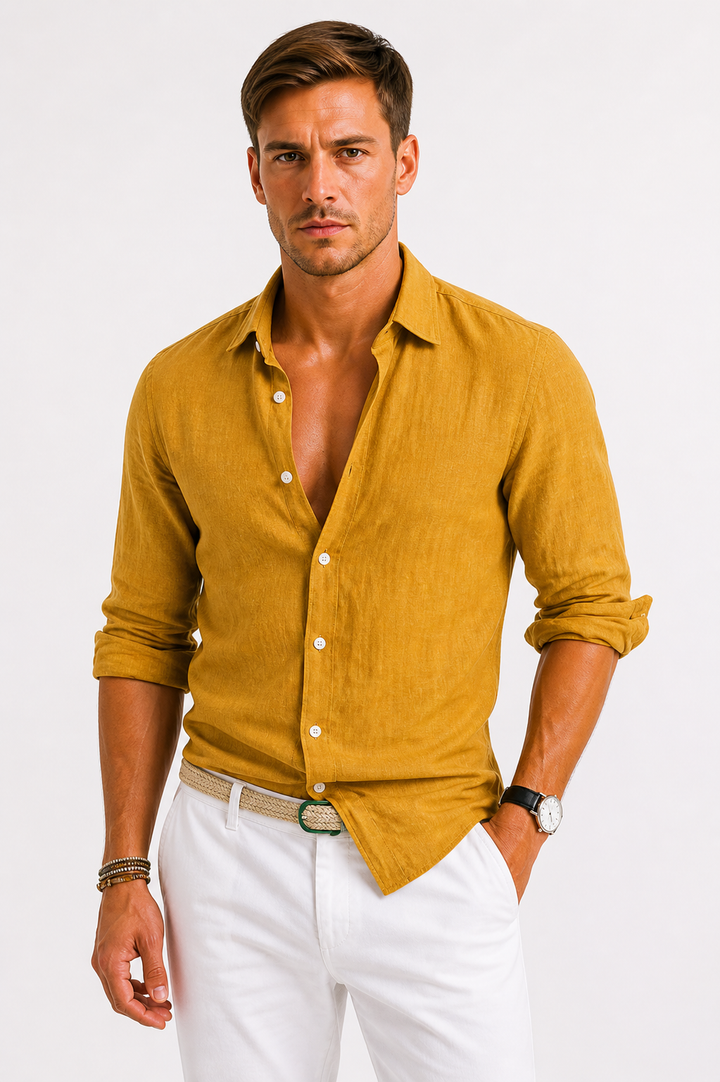 Relaxed fit men's casual long sleeve shirt, a breathable collared design for versatile smart casual looks.