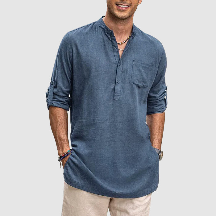 Men's versatile long-sleeve Henley shirt with functional roll-up sleeves, perfect for casual wear.