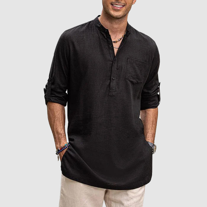 Comfortable men's everyday Henley shirt with roll-up sleeves, ideal for versatile styling.