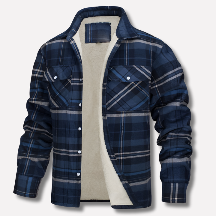 Rugged men's casual plaid shirt. Comfortable long sleeve button-down, ideal for outdoor wear & everyday versatility.