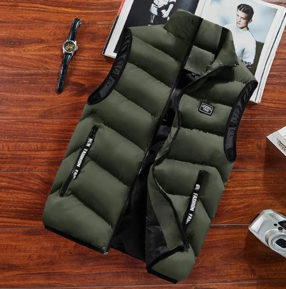 Men's zip-up puffer vest, warm sleeveless outerwear, great for travel & everyday casual wear.