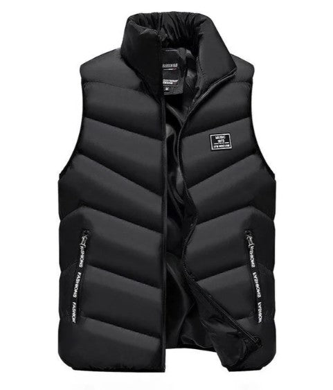 Practical men's travel puffer vest, warm & easy to pack, ideal for on-the-go layering.