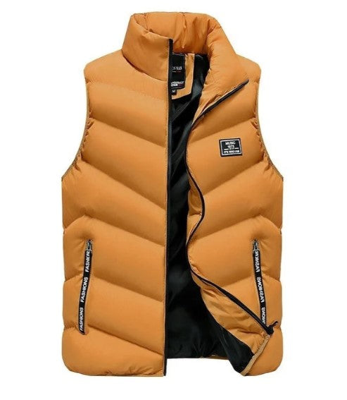 Trendy men's puffer vest, a stylish layering piece to elevate any casual winter outfit.