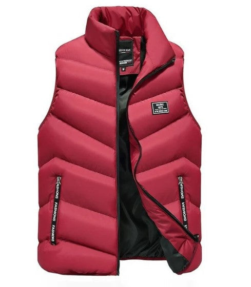 Warm men's sleeveless puffer jacket, durable outerwear for cold weather protection & style.
