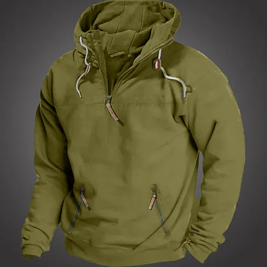 Men's versatile quarter-zip hoodie in a dark color, perfect for casual everyday wear or athletic activities. Comfortable pullover.