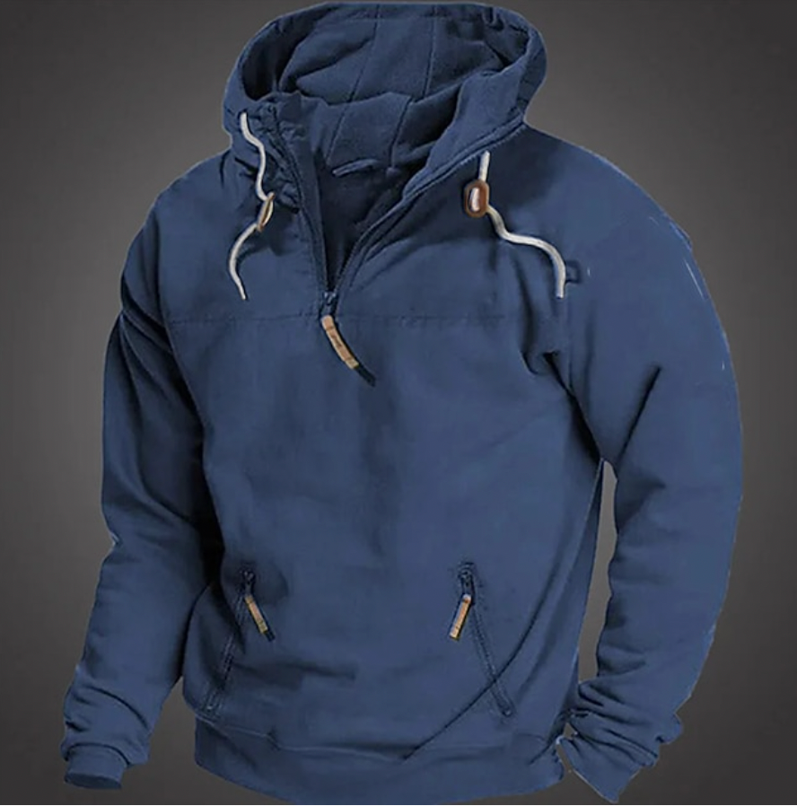Comfortable men's hooded sweatshirt with a quarter-zip design, ideal for layering and everyday fashion. Stylish casual wear.