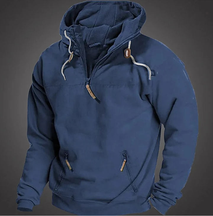 Comfortable men's hooded sweatshirt with a quarter-zip design, ideal for layering and everyday fashion. Stylish casual wear.