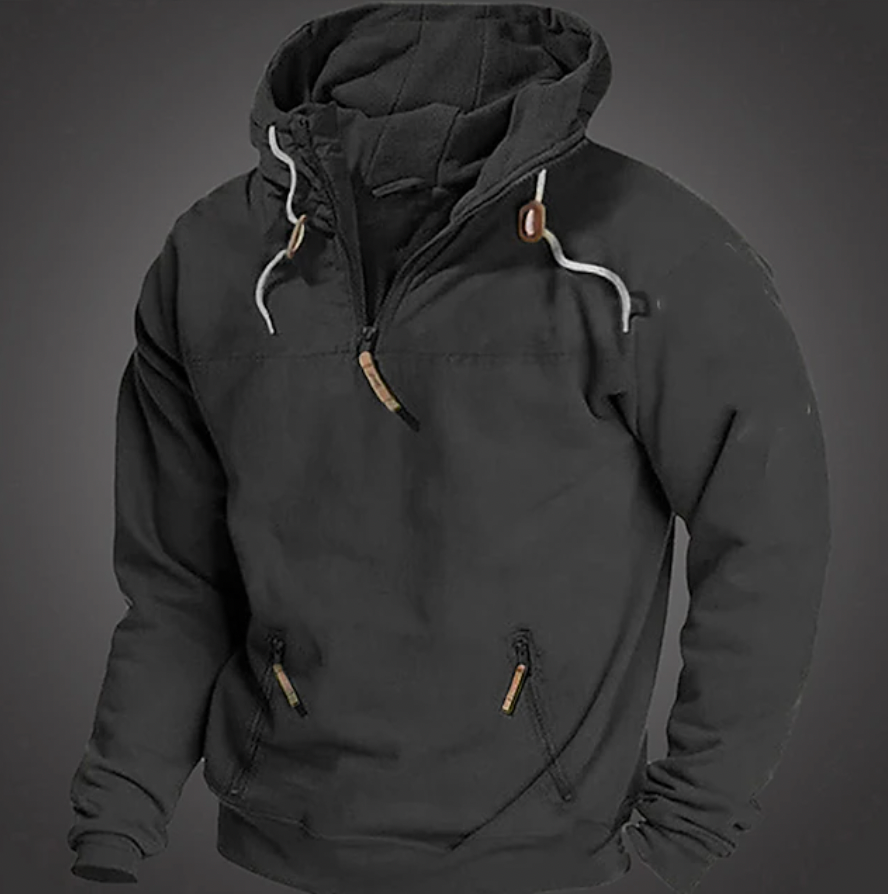 Stylish men's quarter-zip pullover hoodie, great for winter fashion, activewear, or comfortable everyday layering.