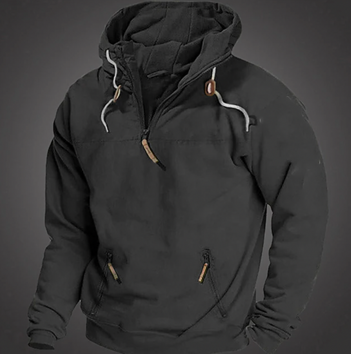 Stylish men's quarter-zip pullover hoodie, great for winter fashion, activewear, or comfortable everyday layering.