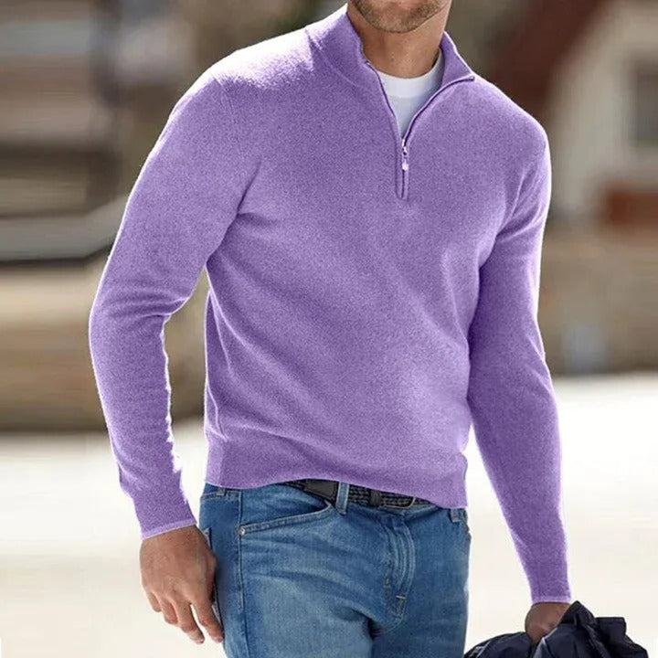 Stylish men's quarter-zip sweater in a classic solid color, ideal for all-season layering & fashion.