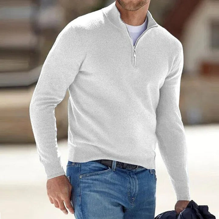 Fashionable quarter-zip sweater for men, offering versatile style and warmth for any season. Male fashion.