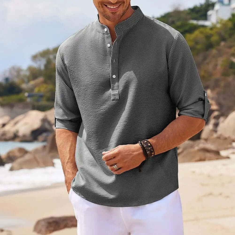 Stylish men's stand collar shirt, solid color, offering effortless style & comfort. Ideal for versatile men's fashion.