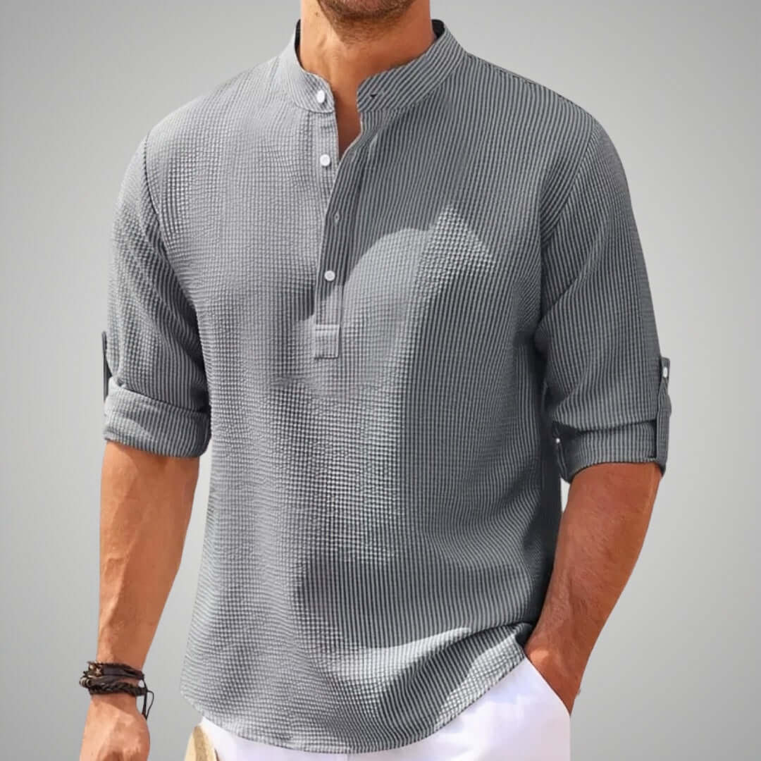 Comfortable men's relaxed fit stand collar shirt. Solid color, versatile for everyday wear & refined casual looks.