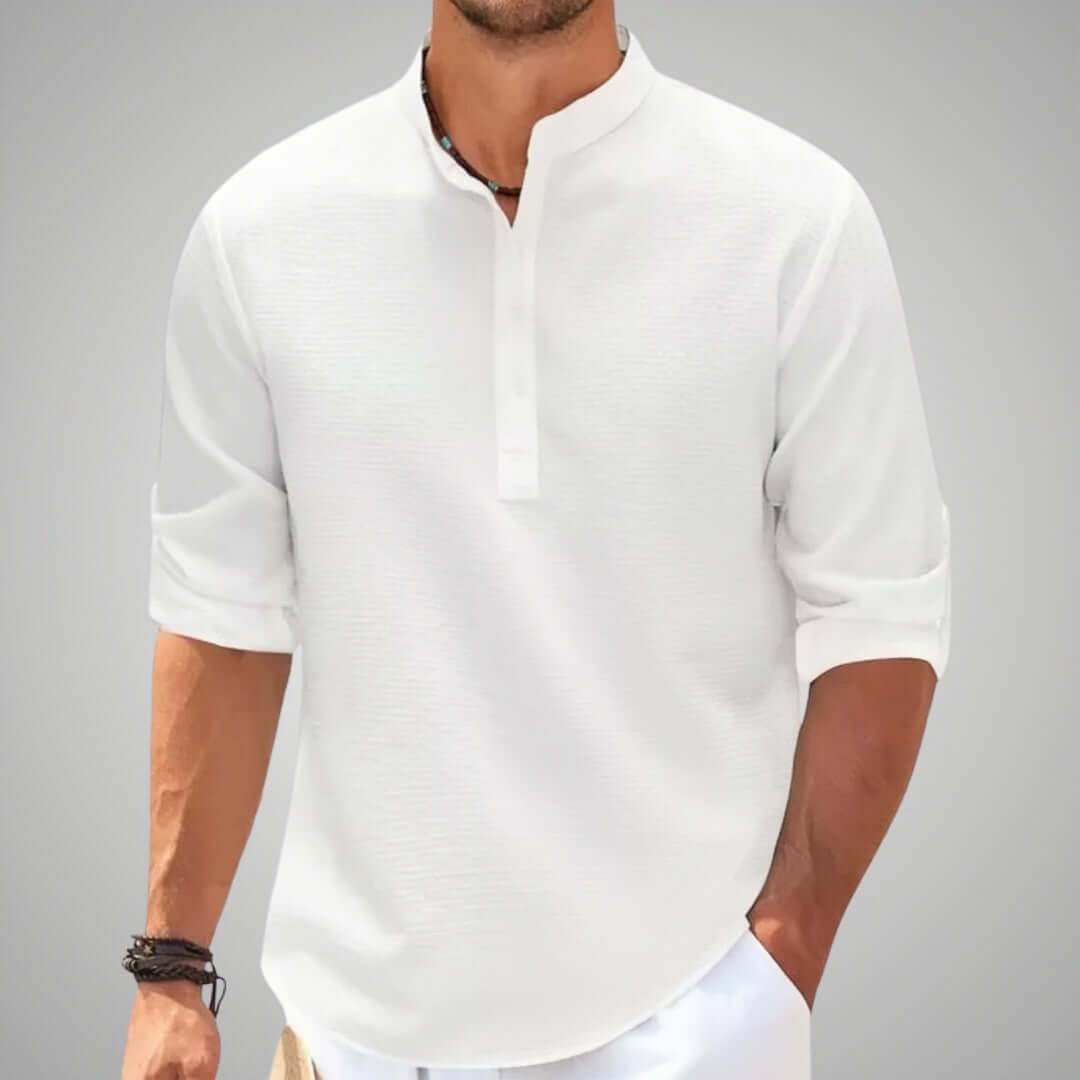 Solid color men's stand collar shirt. Relaxed fit for ultimate comfort & versatile refined casual men's fashion.