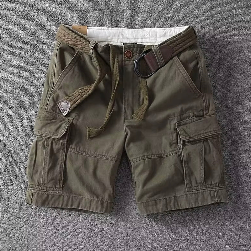 Khaki men's cargo shorts with straight leg & multiple pockets. Ideal for casual summer outfits & outdoor activities.