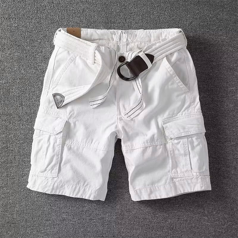 Grey straight leg men's cargo shorts featuring an adjustable waist & practical multi-pockets for daily use.