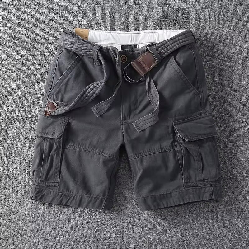 Black multi-pocket cargo shorts for men. Straight leg design ensures comfortable, versatile casual summer style.