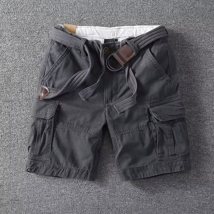 Black multi-pocket cargo shorts for men. Straight leg design ensures comfortable, versatile casual summer style.