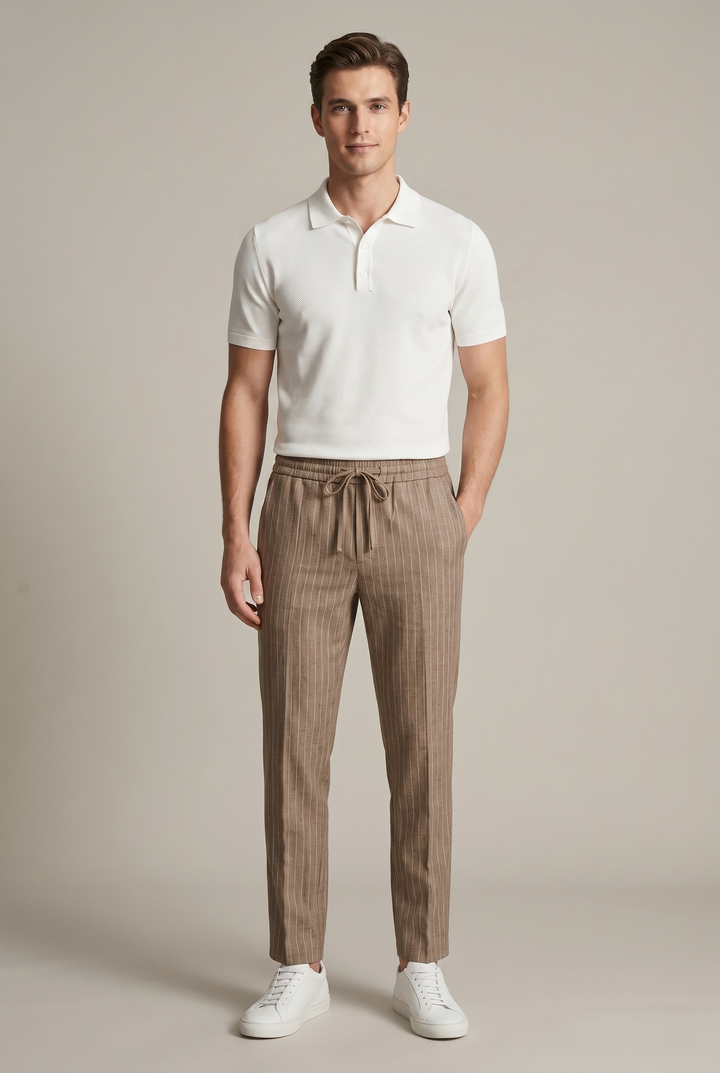 Men's vertical pinstripe tapered trousers, perfect for smart casual style with an elastic waist.