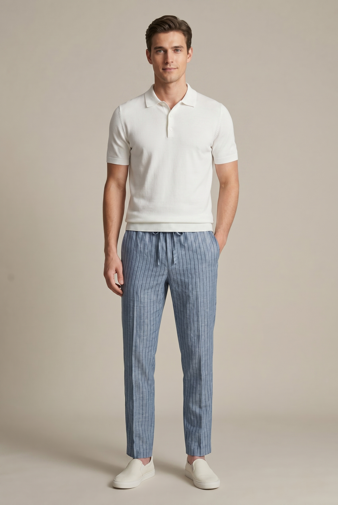 Men's smart casual pinstripe tapered trousers, ideal for office or relaxed versatile styling.