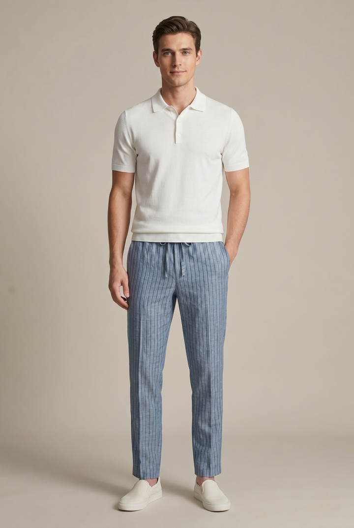 Men's smart casual pinstripe tapered trousers, ideal for office or relaxed versatile styling.