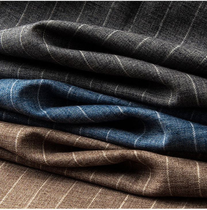 Men's comfortable tapered pinstripe trousers with an elastic waist for stylish smart casual wear.