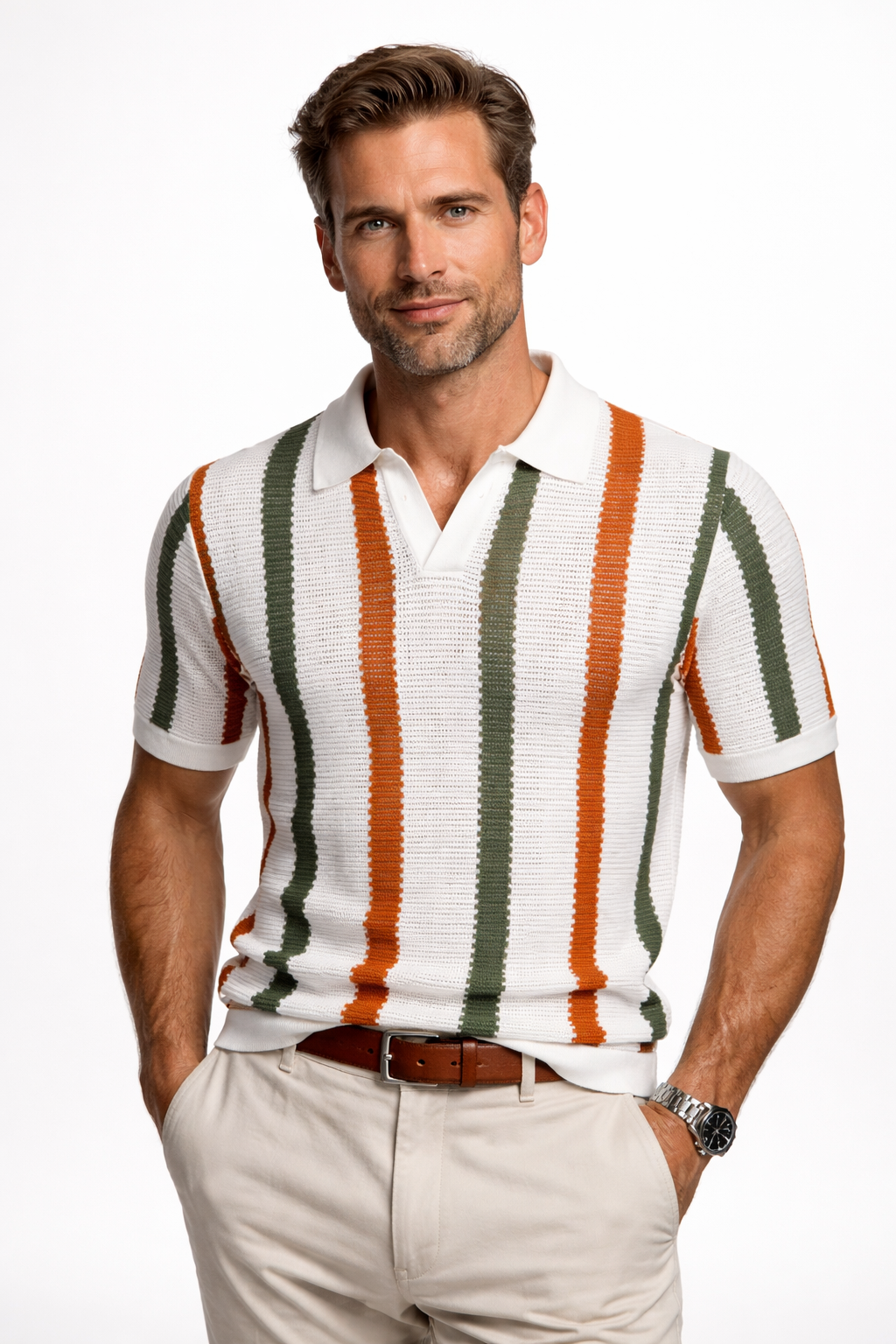 Men's vertical stripe polo shirt with open collar. Ideal smart casual summer top for a stylish look.