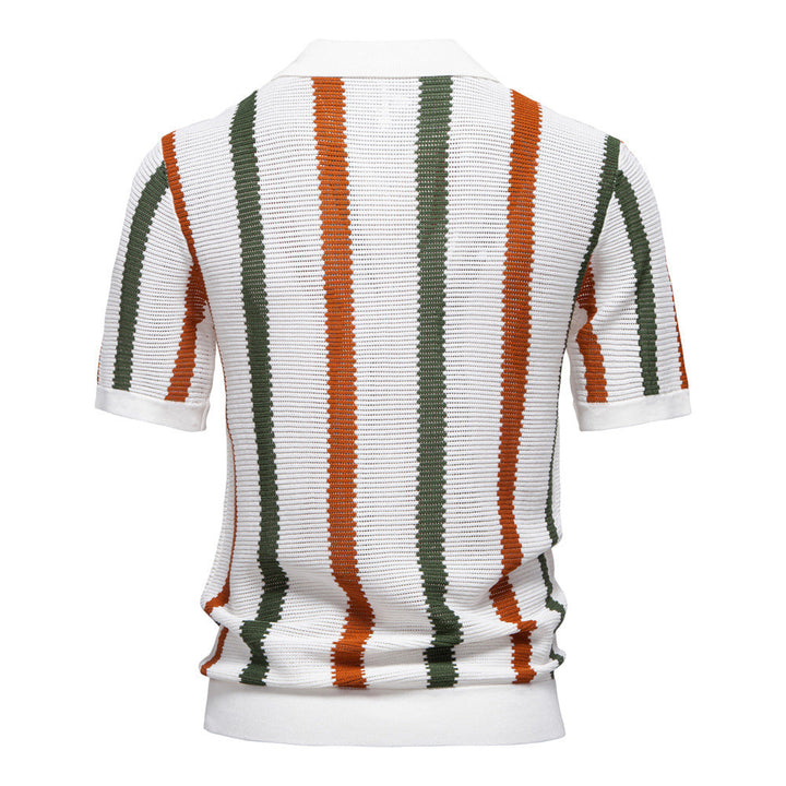 Lightweight men's polo, featuring a trendy vertical stripe pattern and comfortable open collar. Perfect for summer fashion.
