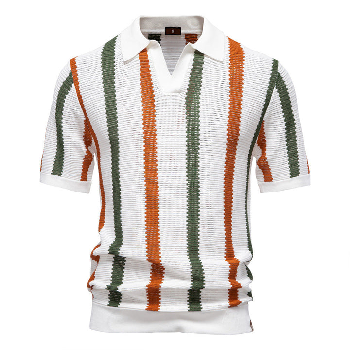 Stylish men's vertical stripe polo with open collar, perfect for versatile smart casual menswear outfits.