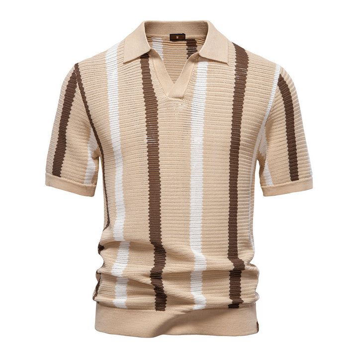 Fashionable men's vertical stripe polo, an open collar casual shirt for a cool and contemporary summer wardrobe.