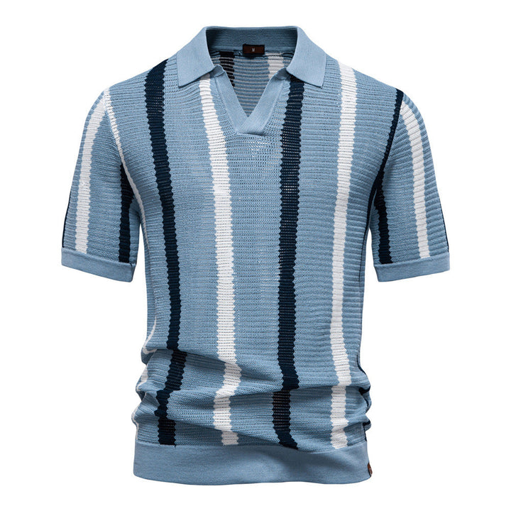 Classic men's vertical stripe polo shirt with an open collar, a must-have lightweight casual top for any man.