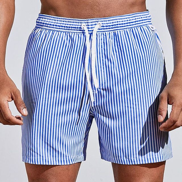 Men's vertical stripe quick-dry swim shorts with drawstring. Perfect for beachwear & summer activities.
