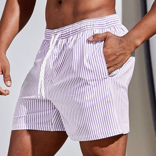 Men's vertical stripe swimwear, quick-dry fabric. Drawstring swim shorts, ideal for summer beach & pool.