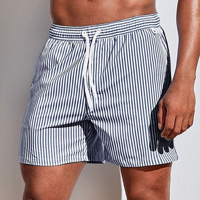 Men's quick-dry vertical stripe drawstring swim shorts. Essential summer beachwear and casual swimwear.