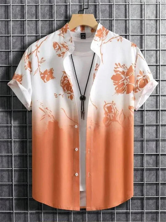 Embrace summer with this men's vibrant 3D floral print Hawaiian shirt, ideal for beach trips.